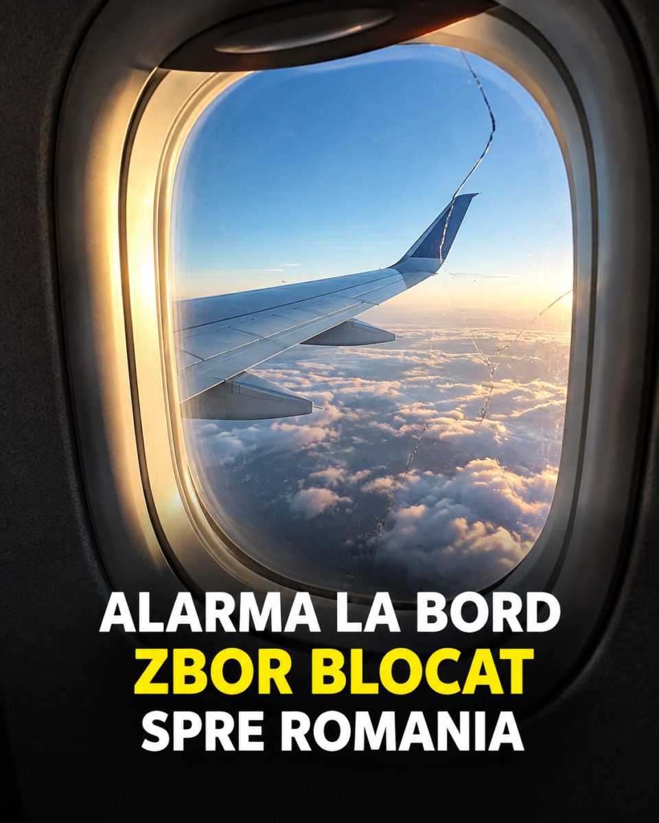 Fereastră de avion cu fisură, vedere din cabină spre aripă — cursa Roma-Constanța a rămas la sol
