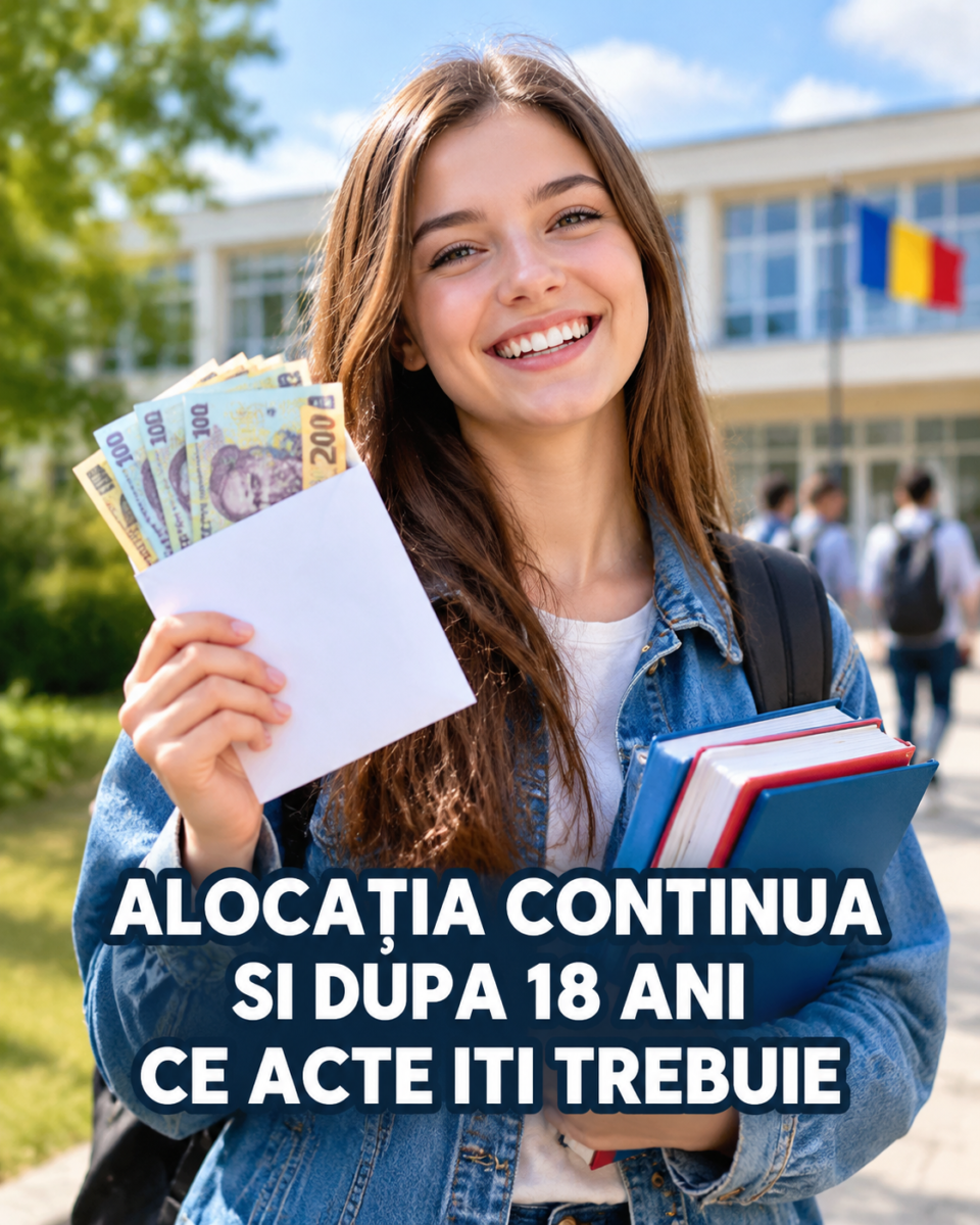 Elevă cu plic cu bani și cărți în fața școlii — alocația continuă și după 18 ani