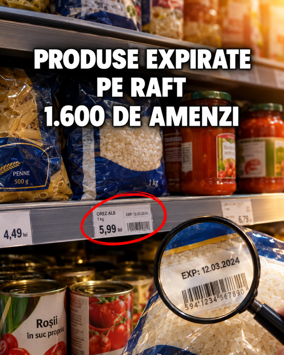 Raft de magazin cu produse alimentare, eticheta cu termen expirat incercuita cu rosu si lupa