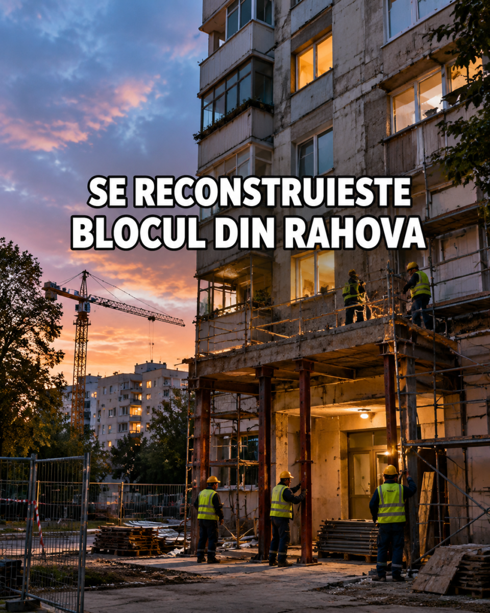 Blocul din Rahova, pus in siguranta: muncitori monteaza stalpi de sustinere la intrarea in bloc