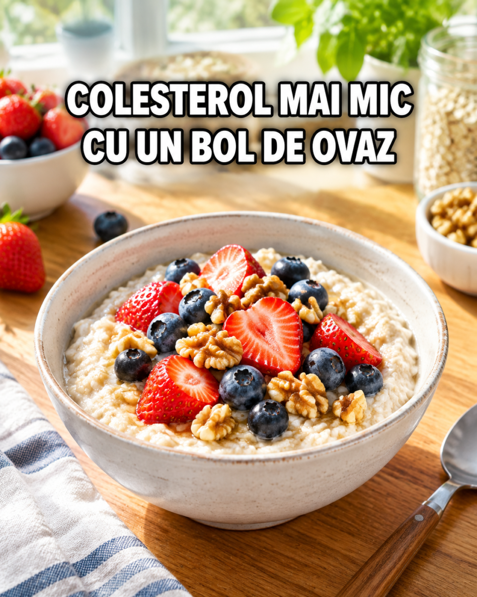 Bol de terci de ovăz cu fructe de pădure și nuci, mic dejun care poate reduce colesterolul