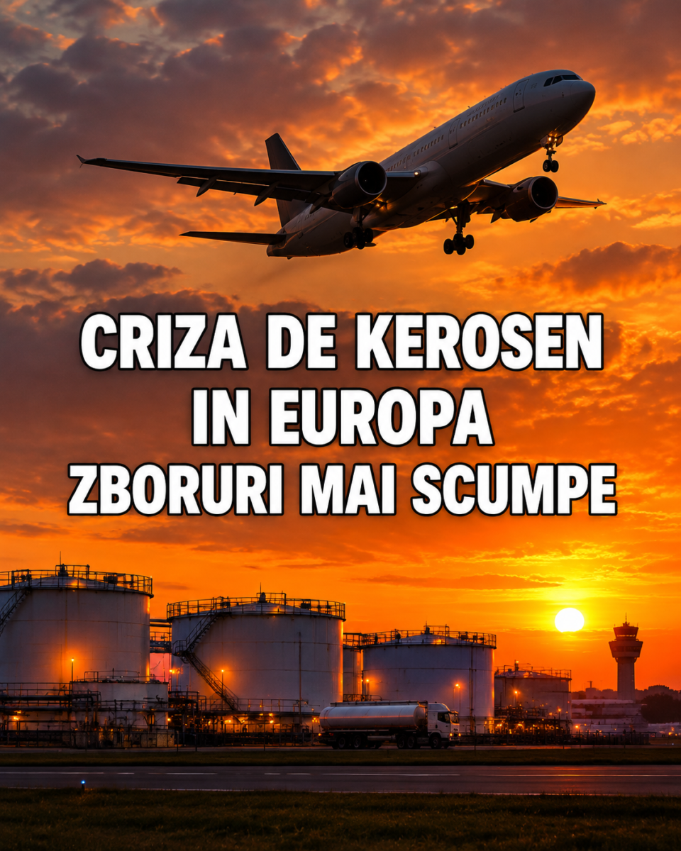 Avion de pasageri decolând la apus deasupra rezervoarelor de combustibil – criza kerosenului în Europa