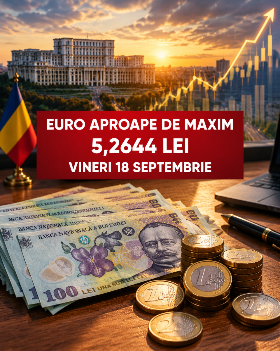 Curs BNR 18 septembrie 2026, euro aproape de maxim istoric la 5,2644 lei