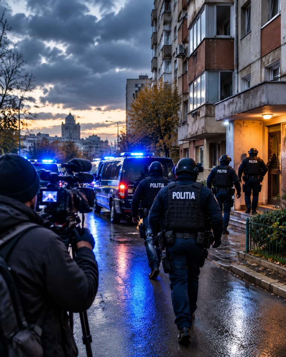 Dube și mașini de poliție în zori, în timpul descinderilor după protestul ciobanilor