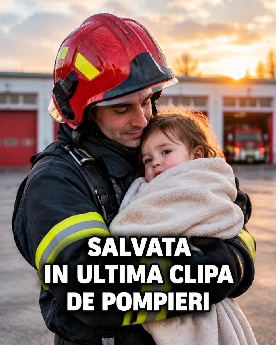 Pompier din Florești ținând în brațe fetița de doi ani salvată după ce s-a înecat cu mâncare