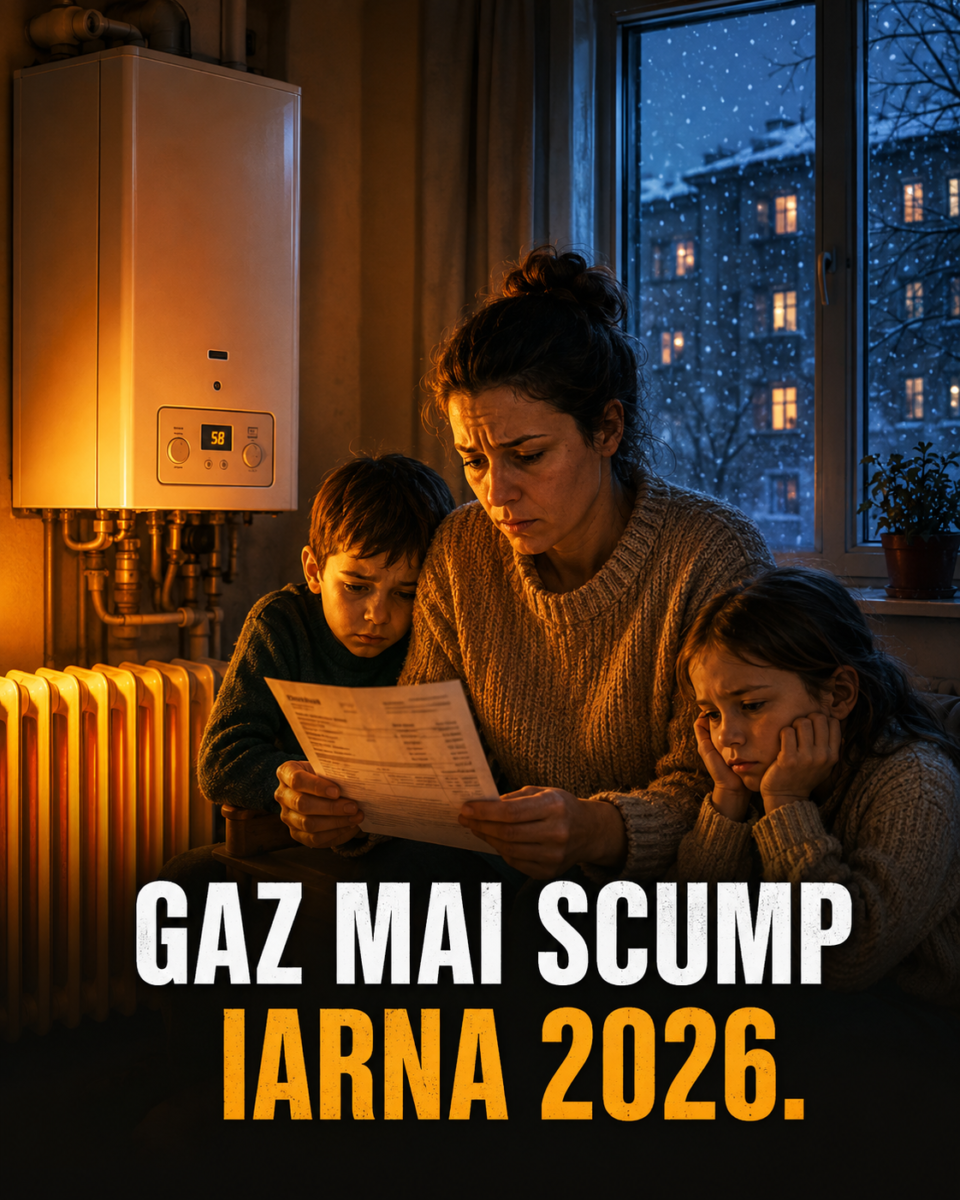 Mamă cu doi copii privind îngrijorați factura la gaze, iarna 2026