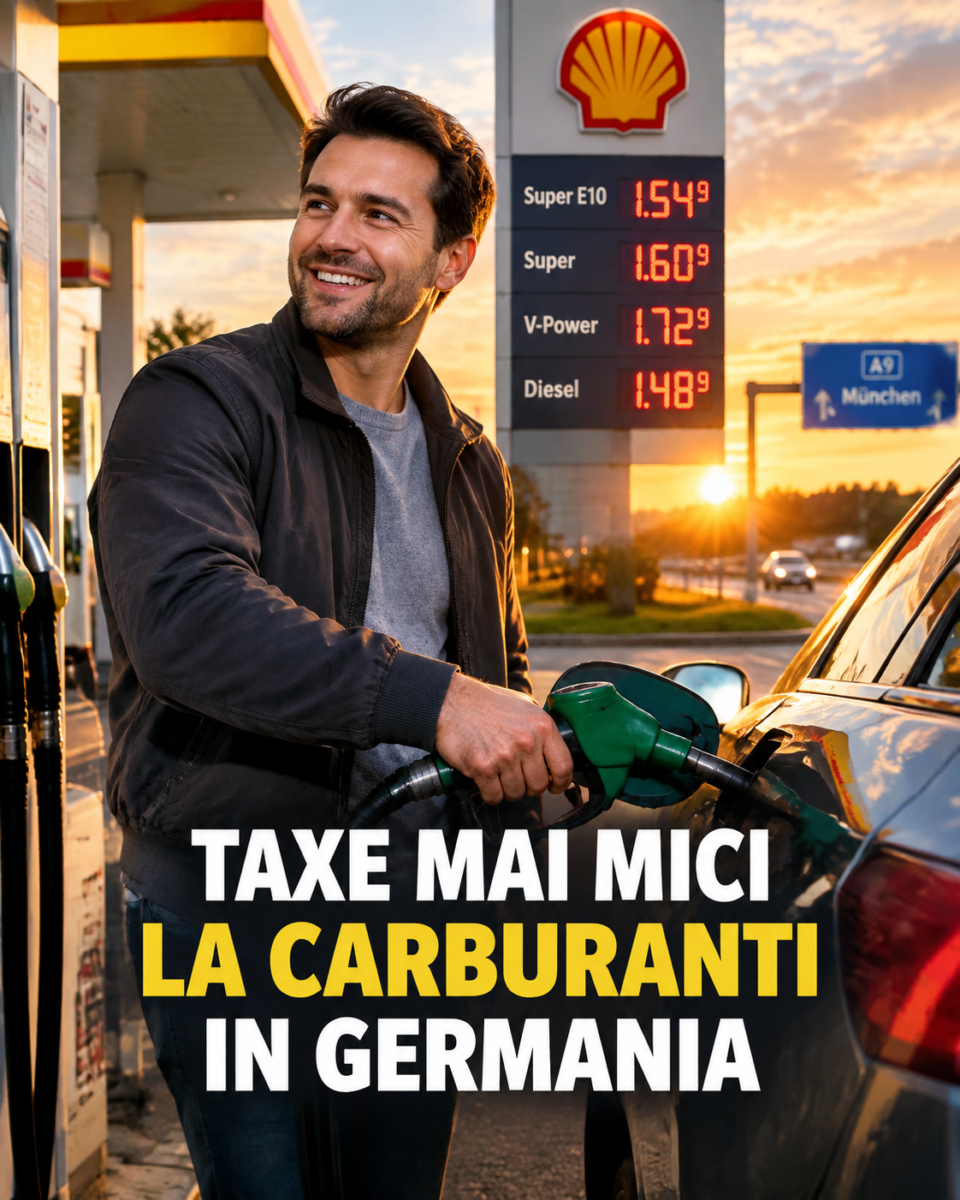 Șofer alimentează la o benzinărie din Germania la apus, panou cu prețuri carburanți în fundal