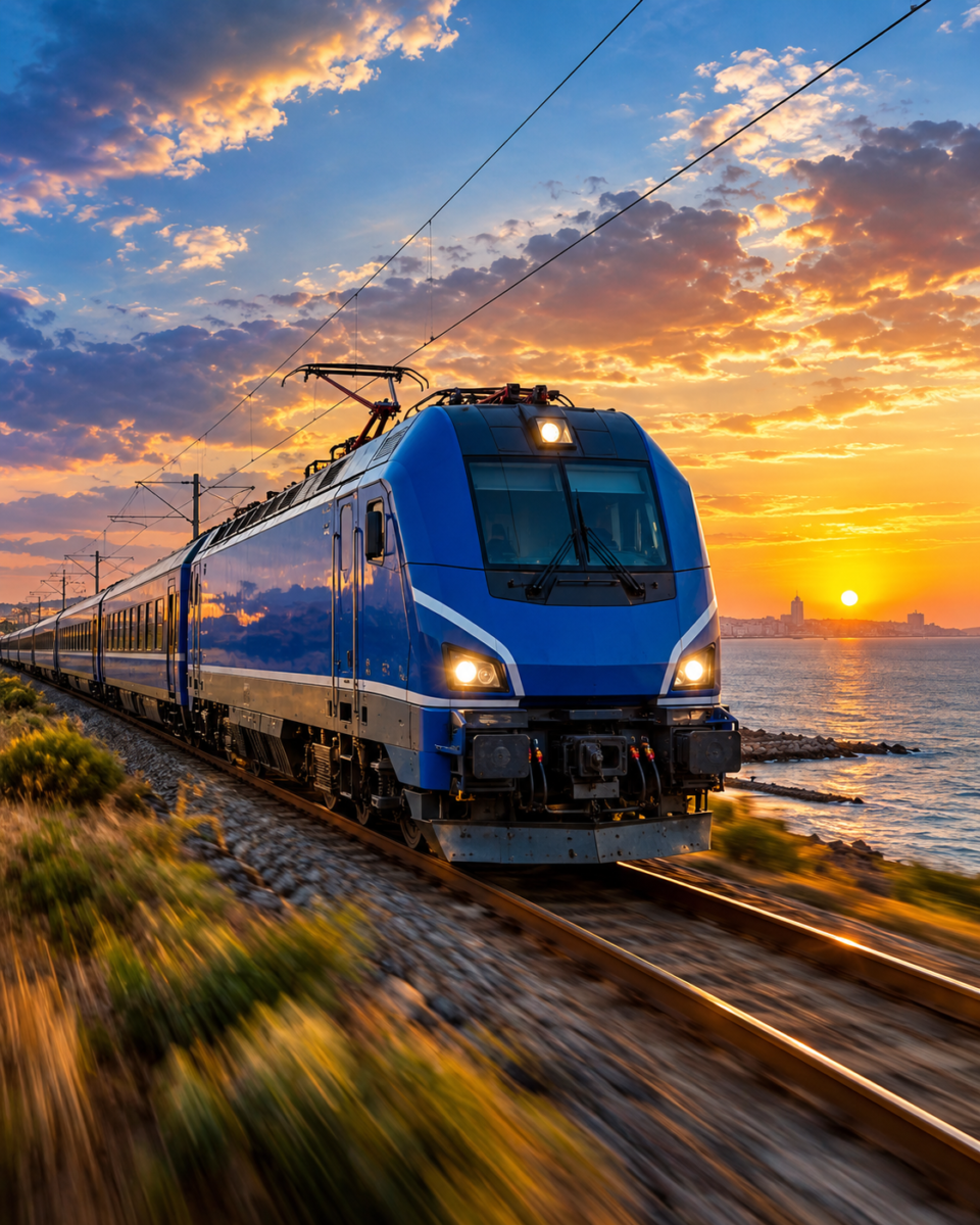 Locomotivă electrică nouă pe ruta București–Constanța, la apus, pe calea ferată de lângă mare