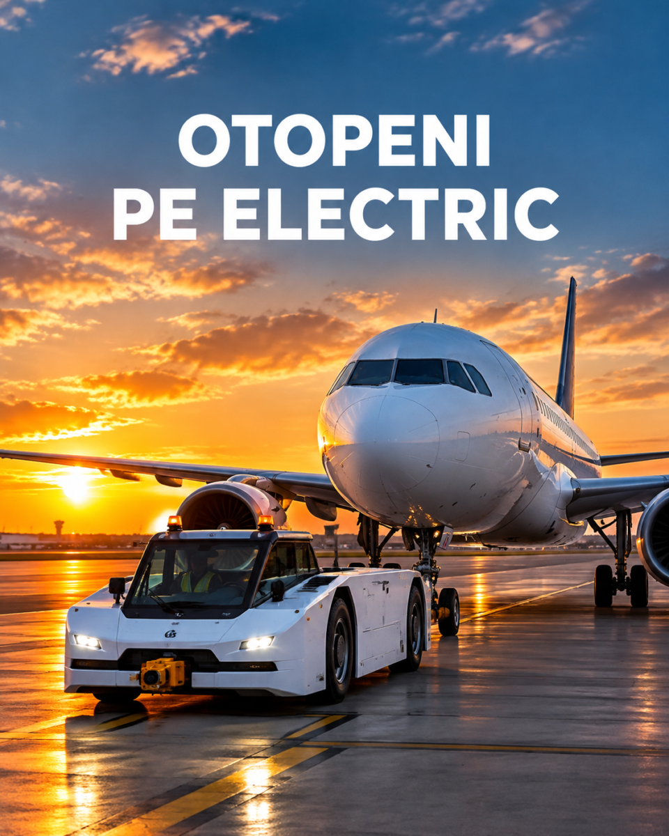 Remorcher electric care tractează un avion de pasageri pe pista aeroportului Otopeni la apus