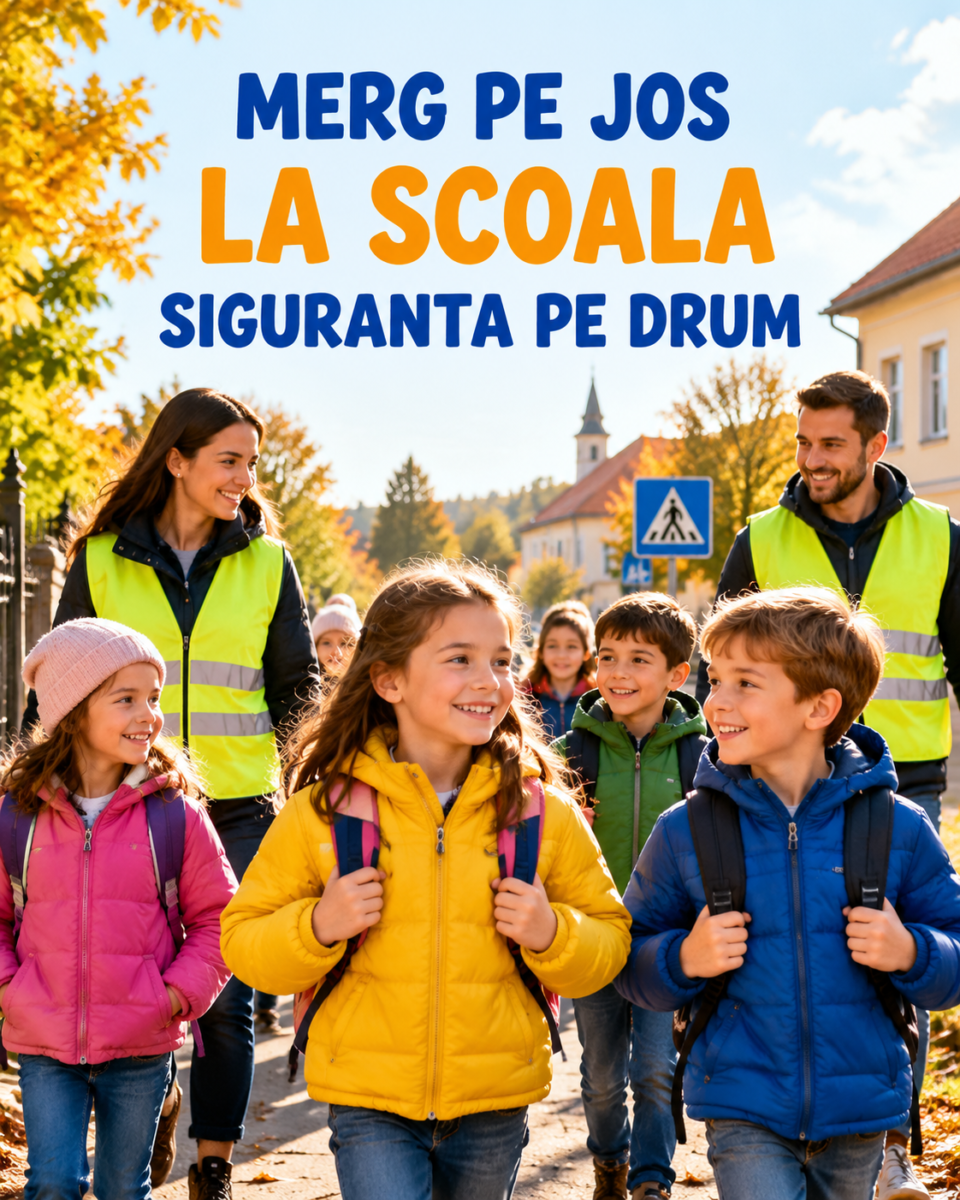 Copii care merg pe jos la scoala in grup, insotiti de voluntari Pedibus