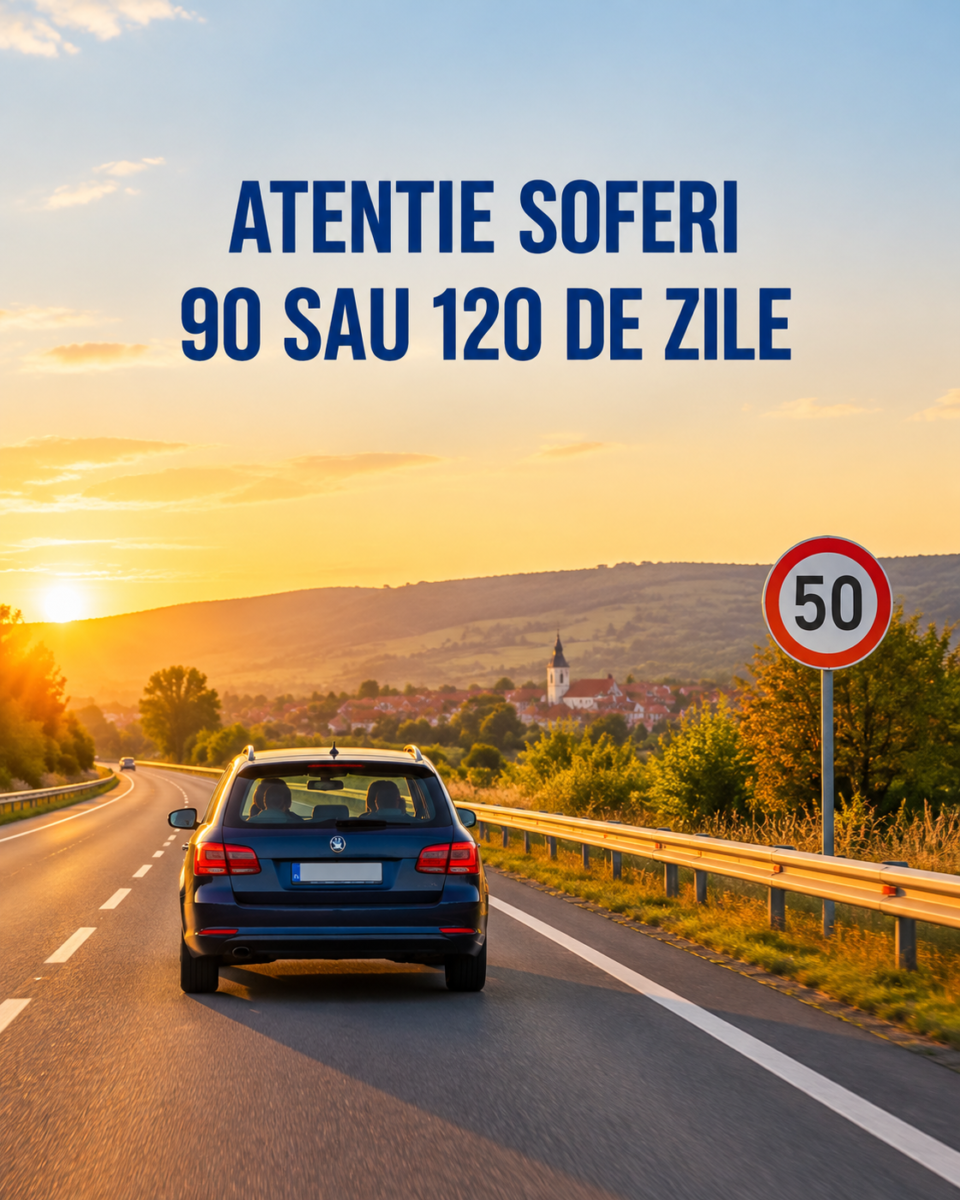 Drum la apus cu indicator de limitare 50 km/h. Atentie soferi: 90 sau 120 de zile fara permis pentru viteza.