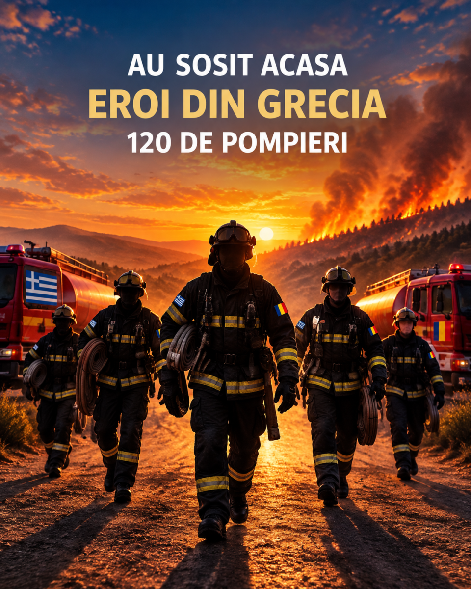 Pompieri români la apus, după misiunea din Grecia. 120 de salvatori s-au întors acasă.
