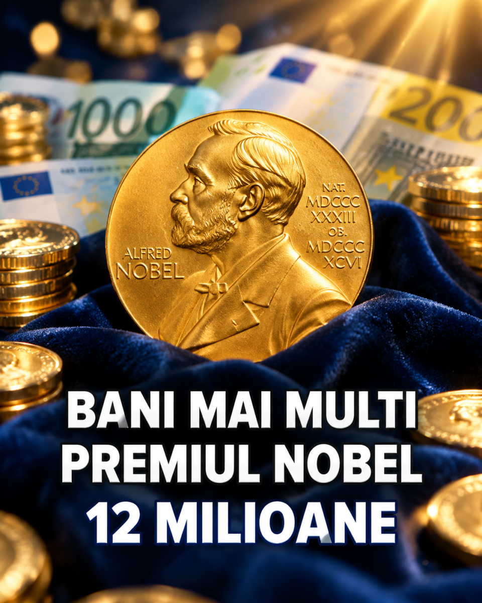 Medalia Premiul Nobel pe catifea albastra, monede de aur si bancnote euro