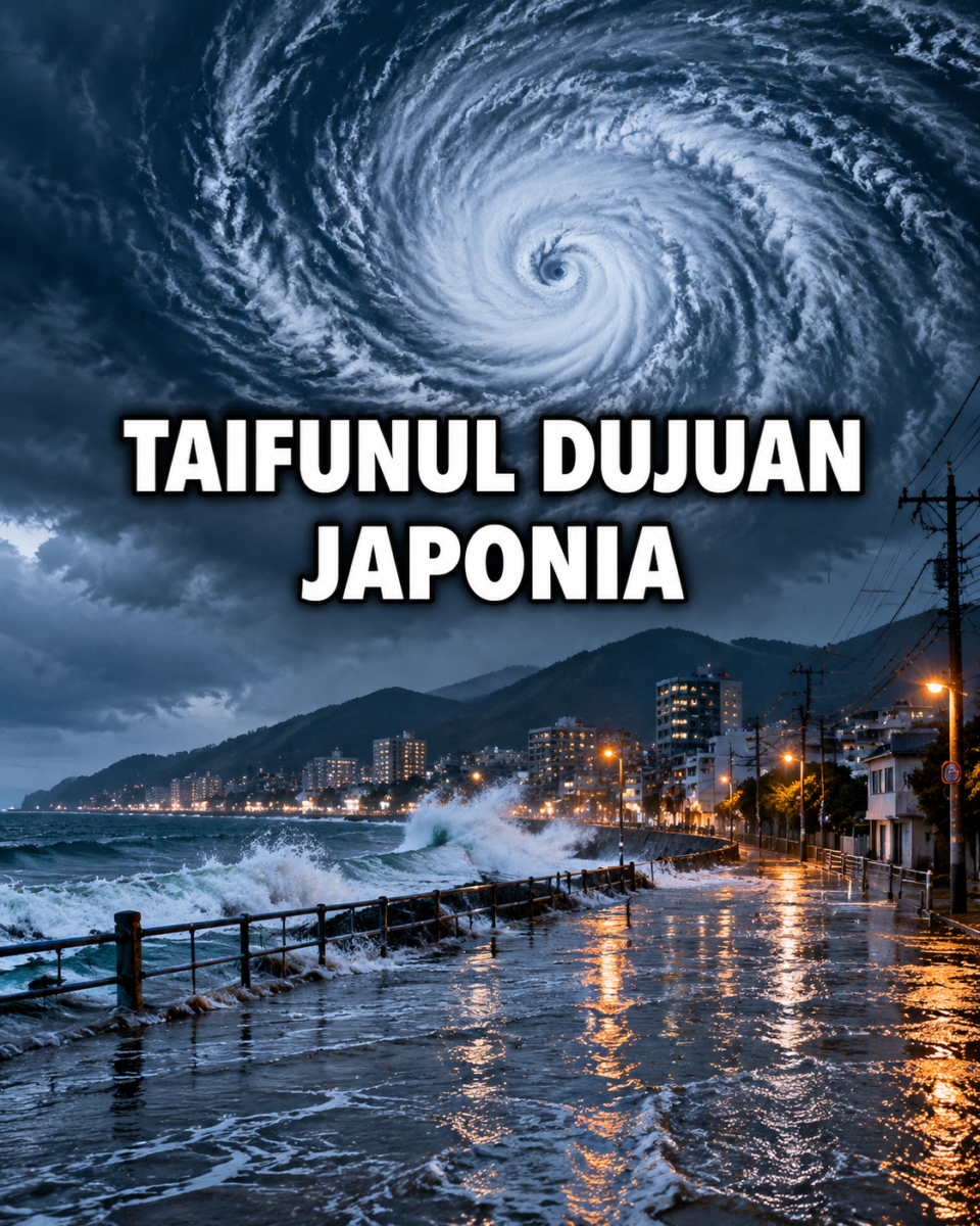 Taifunul Dujuan deasupra coastei Japoniei, valuri uriașe și stradă inundată