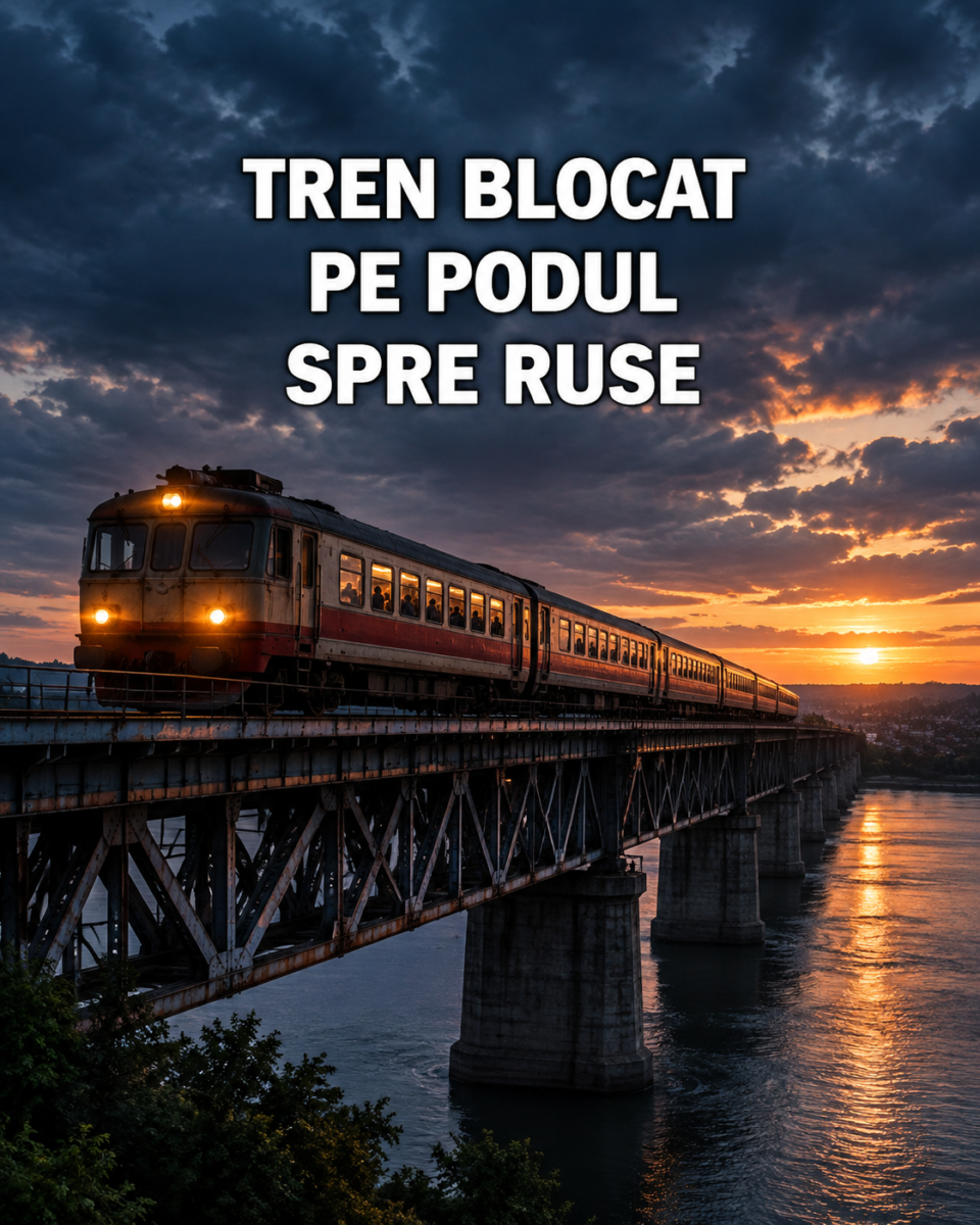 Trenul România oprit pe podul feroviar Giurgiu-Ruse la apus