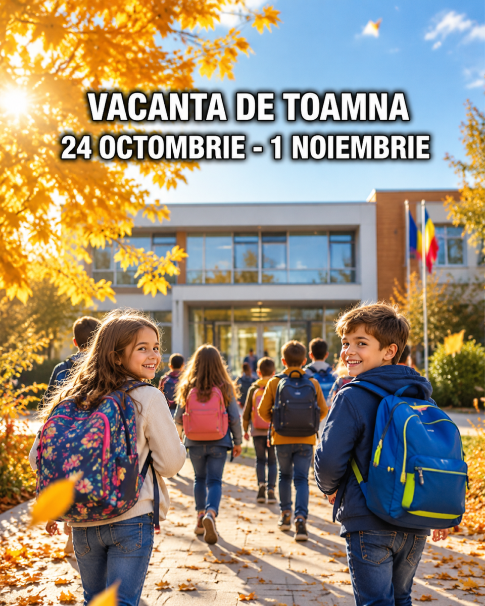 Elevi cu ghiozdane mergând spre școală toamna. Vacanța de toamnă 2026: 24 octombrie - 1 noiembrie