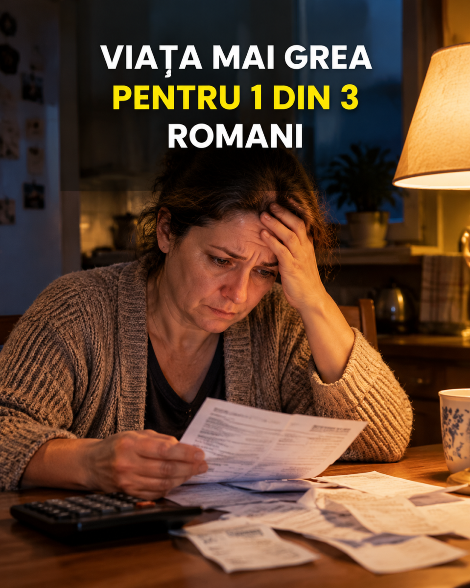 Femeie îngrijorată la masă, cu facturi și calculator – presiunea financiară resimțită de români