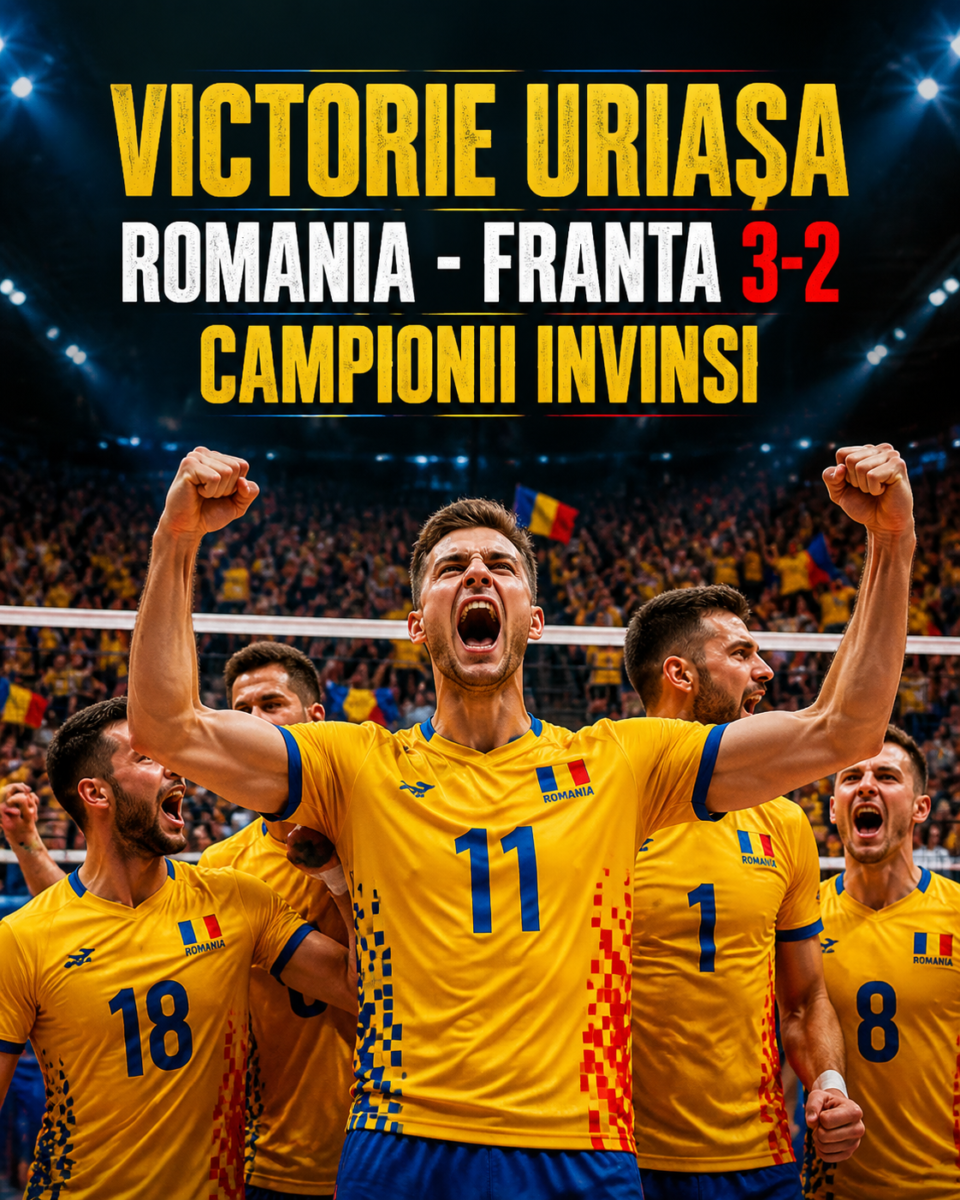 Echipa Romaniei de volei sarbatoreste victoria cu Franta, 3-2, la Campionatul European