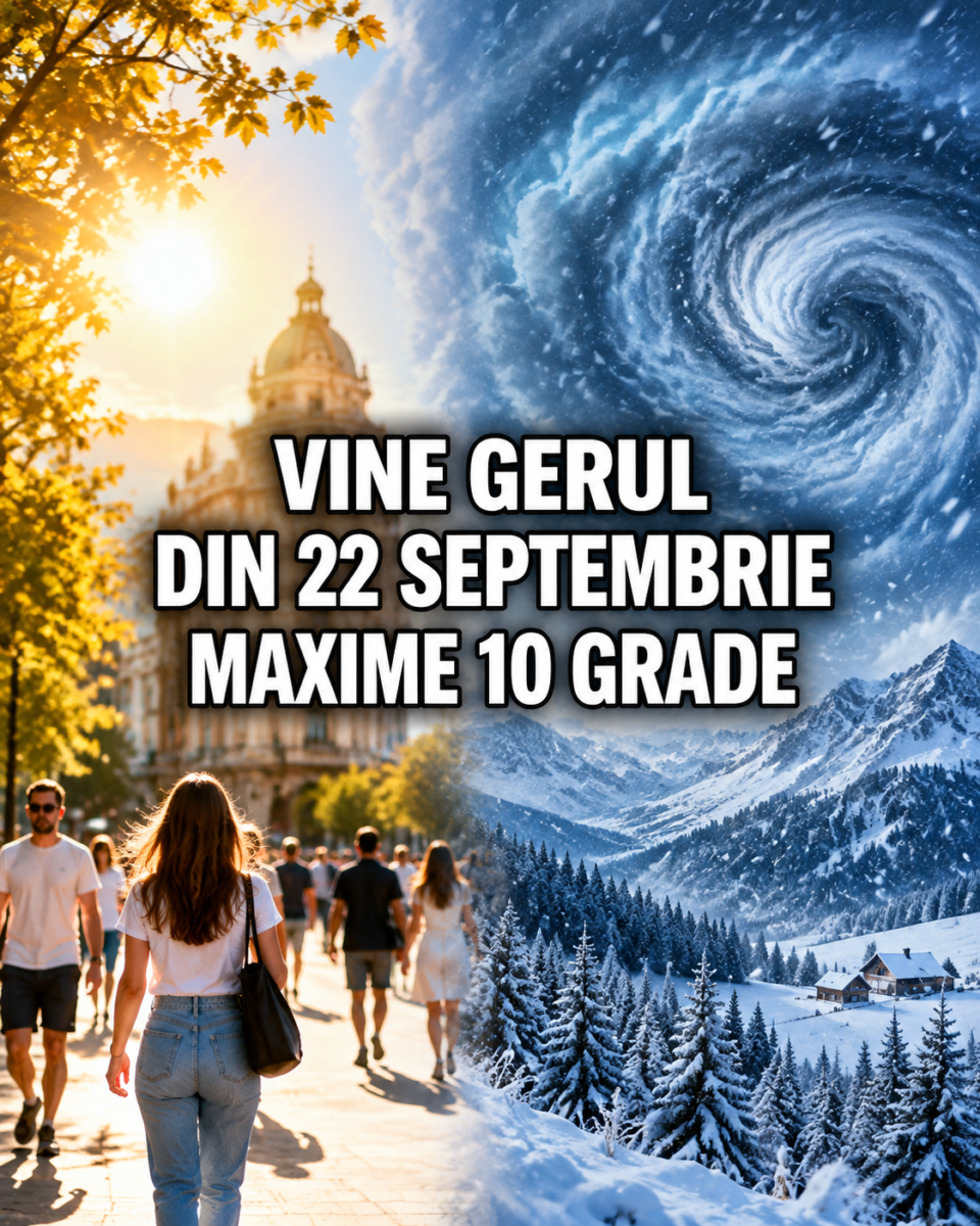 Vortex polar deasupra României: soare și oameni în tricouri pe o parte, viscol și munți înzăpeziți pe cealaltă, text Vine gerul din 22 septembrie, maxime 10 grade