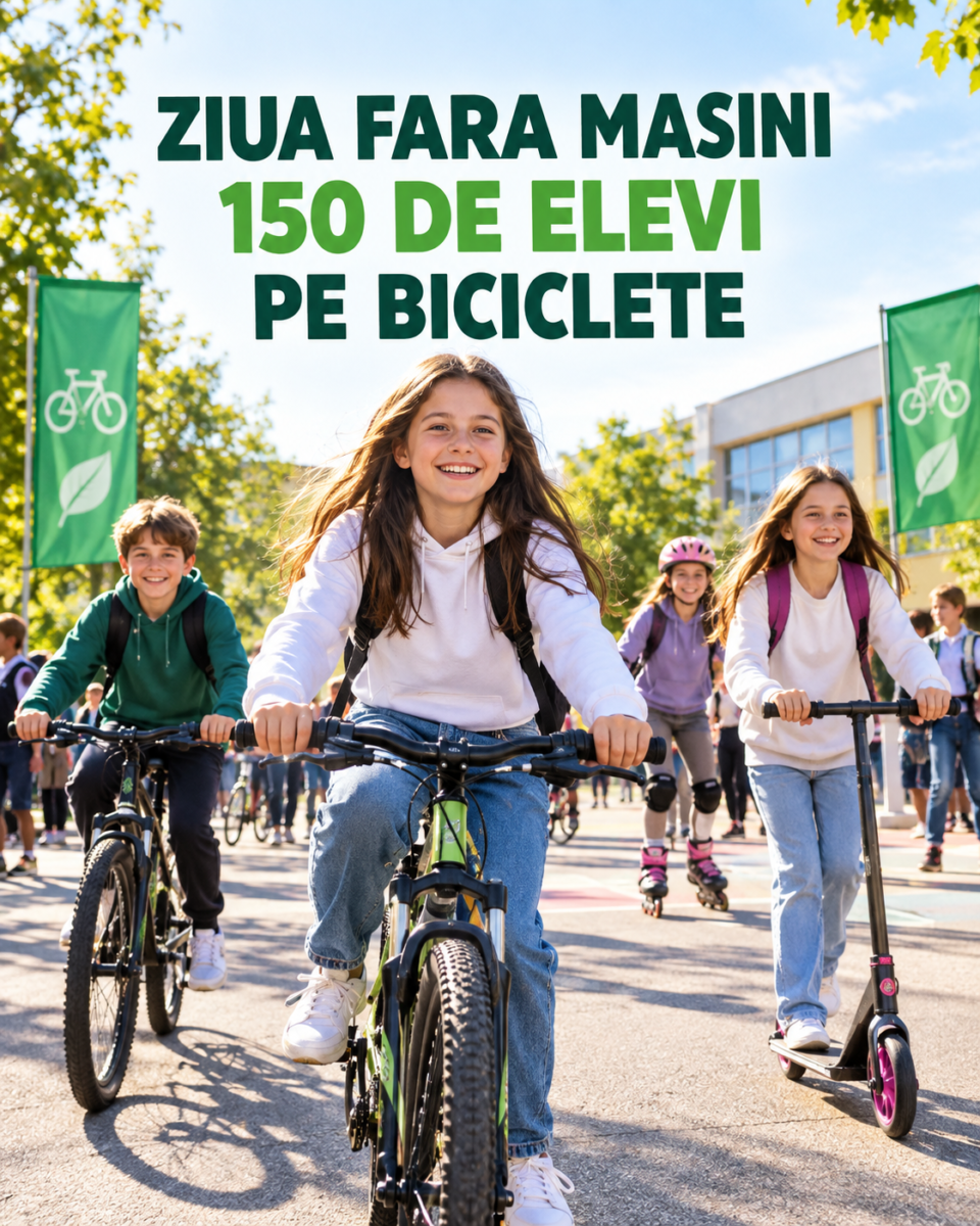 Elevi din Reșița merg pe biciclete, trotinete și role de Ziua fără mașini